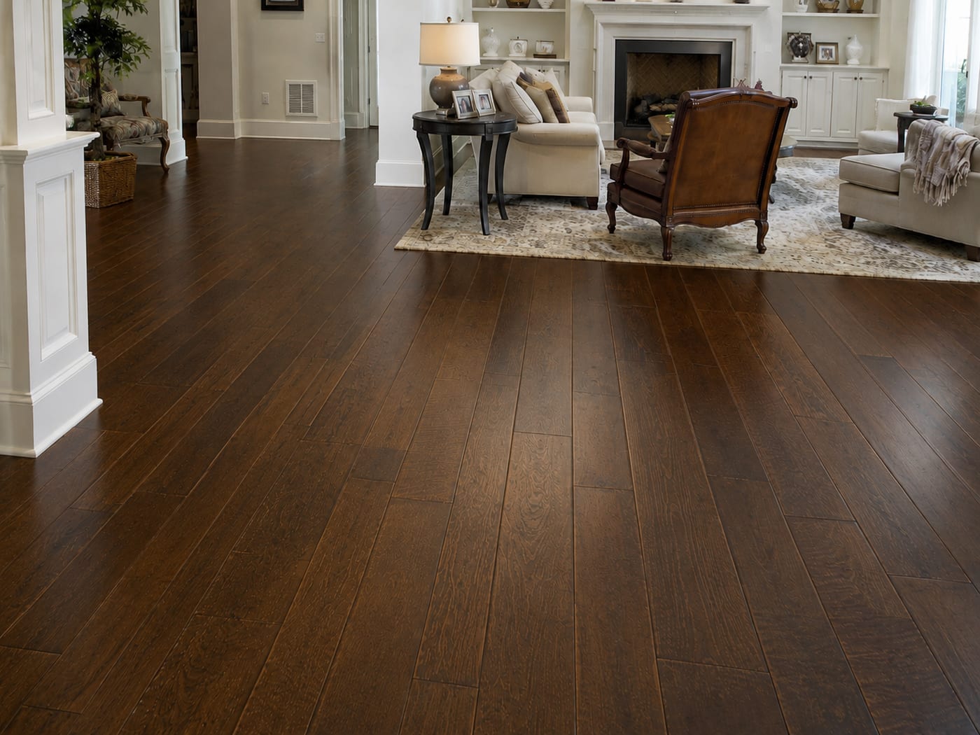 The same living room floor after a custom stain, updated to a rich espresso tone